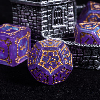 Close up of Violet Elixir Chonk D12 showcasing sparkling purple resin and gold numbering