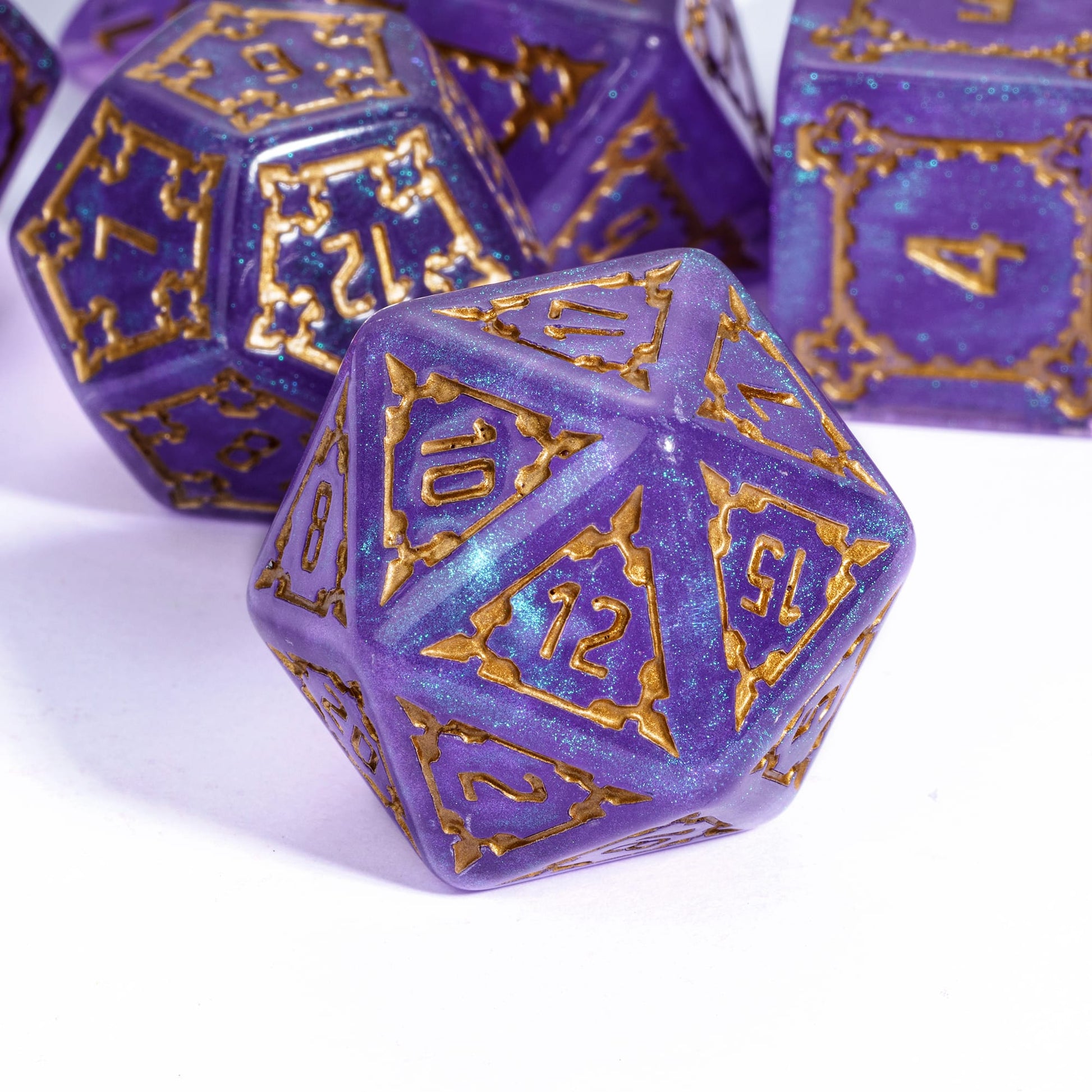 Angled close up of Violet Elixir Chonk D20 highlighting sparkling purple resin and metallic gold numbering
