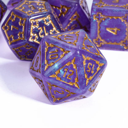Angled close up of Violet Elixir Chonk D20 highlighting sparkling purple resin and metallic gold numbering