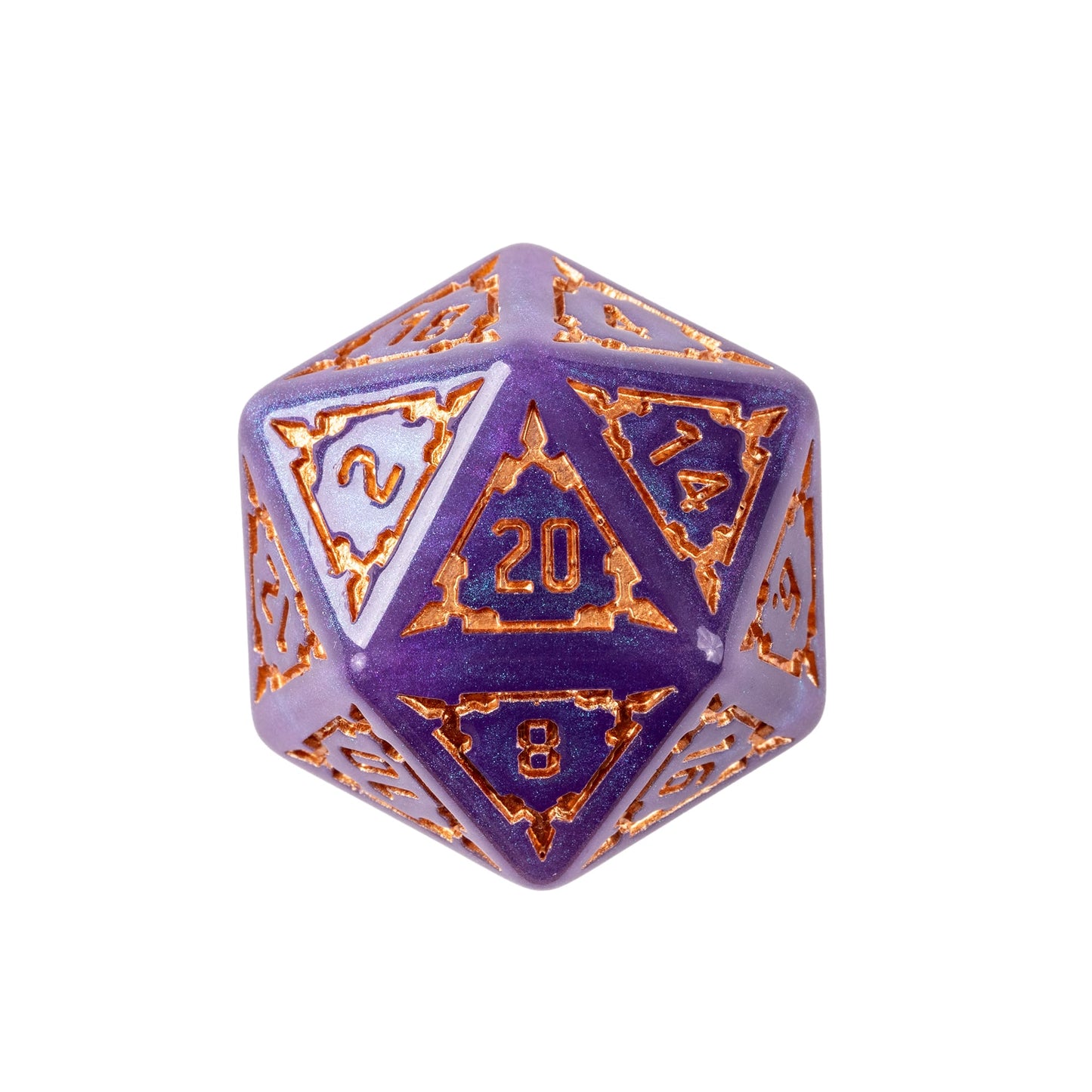 Close up of Violet Elixir Chonk D20 featuring shimmering purple resin and gold numbering