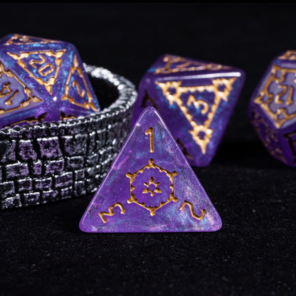 Close up of Violet Elixir Chonk D4 with shimmering purple finish and gold details
