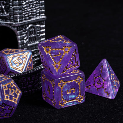 Violet Elixir Chonk D8 and D6 stacked together with shimmering purple finish and gold details