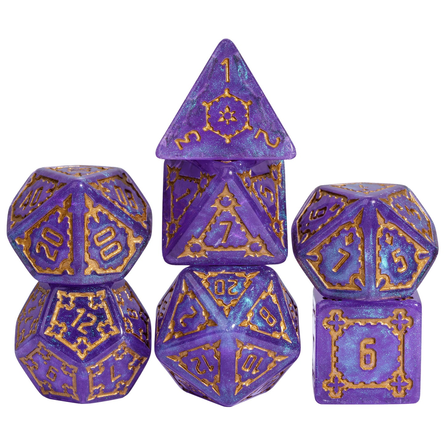 Violet Elixir Chonk Dice Set with oversized shimmering purple polyhedral dice for DnD and tabletop RPGs