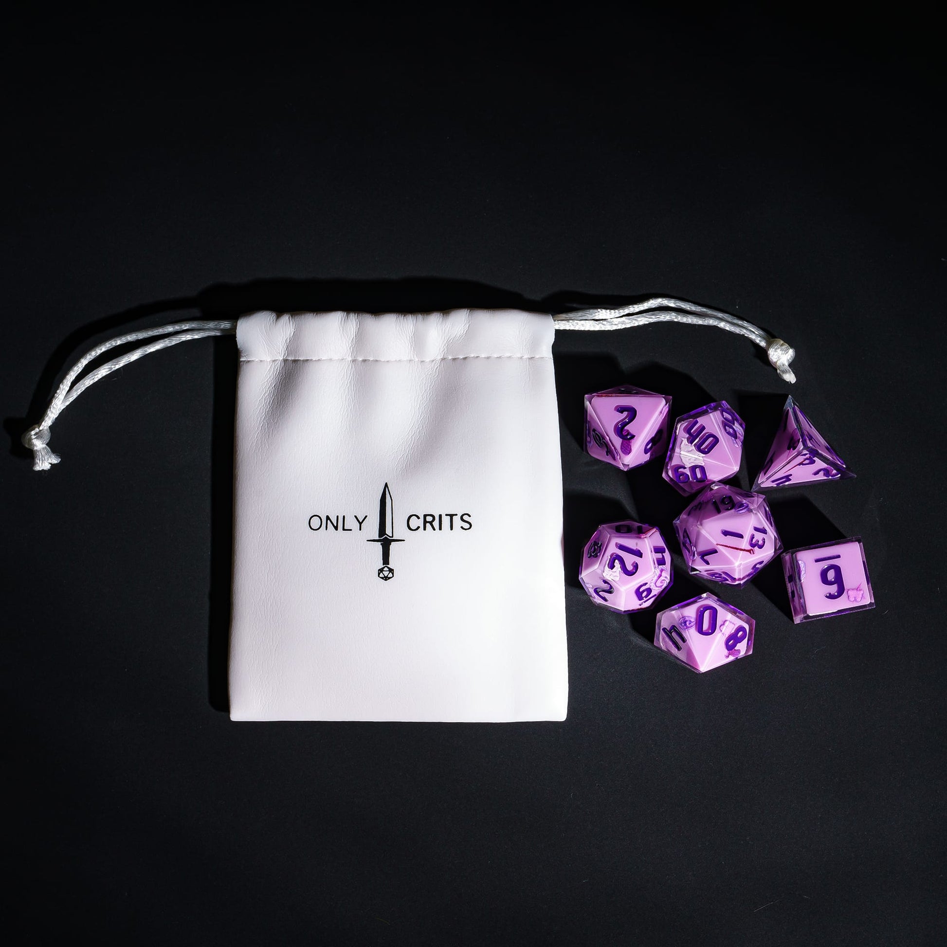 Purple Warlock Dice Set with Only Crits bag, pastel 7 piece sharp edge dice for DND 5e