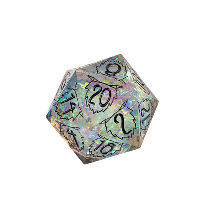 Iridescent sharp edge D20 dice with black etched symbols from the Wilderness Whispers dice set
