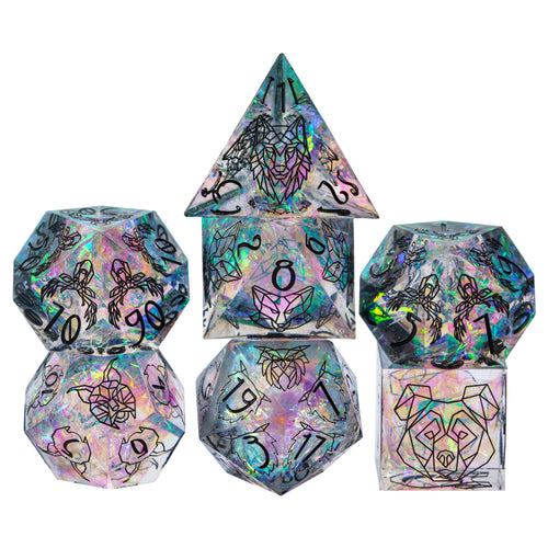 Wilderness Whispers sharp edge dice set, holographic resin polyhedral dice with forest animal designs for DnD