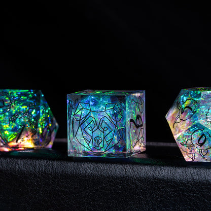 Wilderness Whispers sharp edge holographic resin D6 dice with animal face design for DnD & RPG