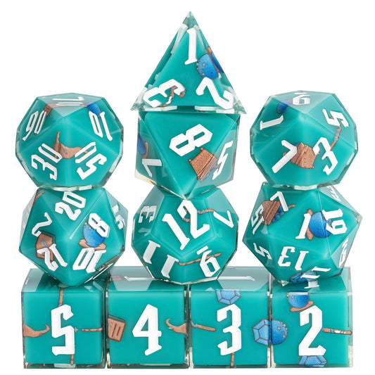 Teal Wizard Dice Set, 11 piece pastel sharp edge dice for DND 5e players