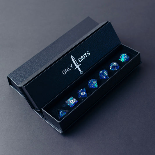 aquamarine shore sharp edged dice set in complementary only crits dice box