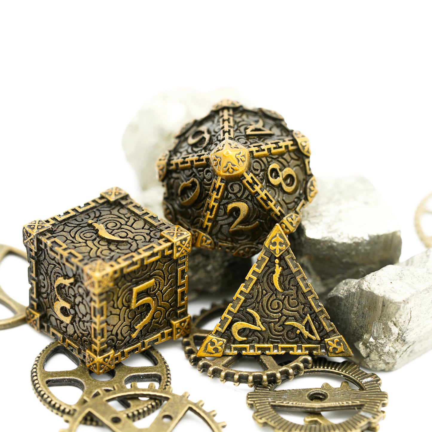 3 of 7 piece feature of gold metal dagger dice set