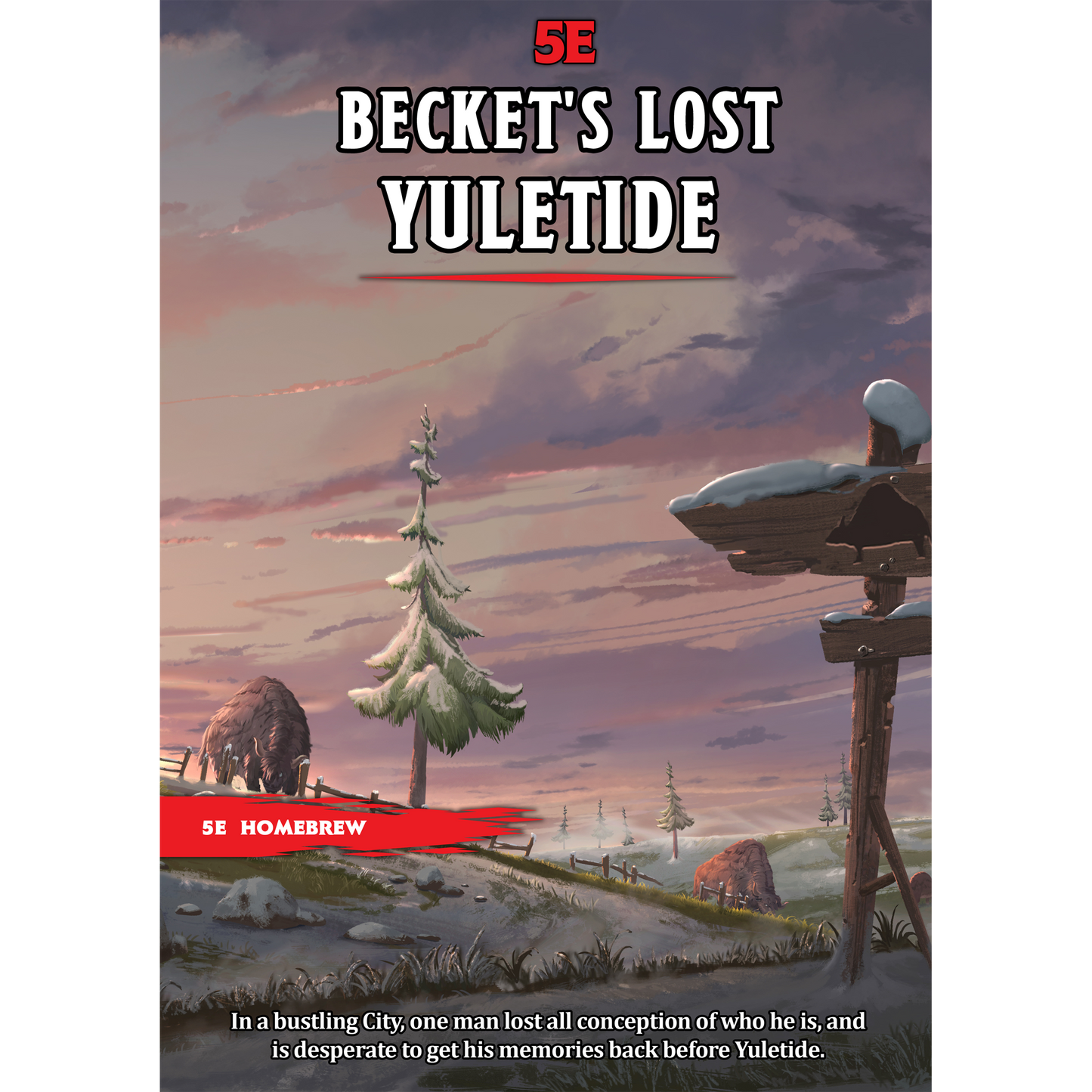 Cover art for 'Becket's Lost Yuletide' adventure, depicting a snowy cityscape with a prominent Christmas tree and a character looking towards the sky.