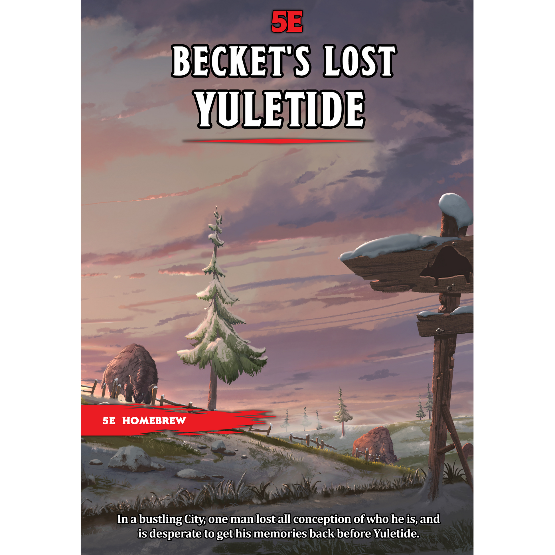 Cover art for 'Becket's Lost Yuletide' adventure, depicting a snowy cityscape with a prominent Christmas tree and a character looking towards the sky.