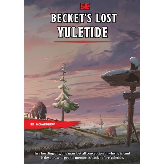 Cover art for 'Becket's Lost Yuletide' adventure, depicting a snowy cityscape with a prominent Christmas tree and a character looking towards the sky.
