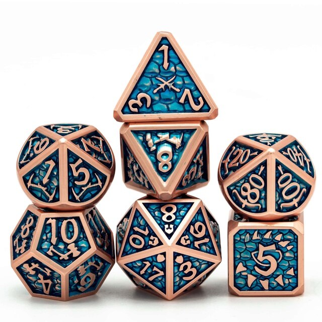 7 piece dark blue dice with gold trimming and numbers