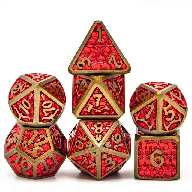 Deep red metal dice with gold numbers and trim