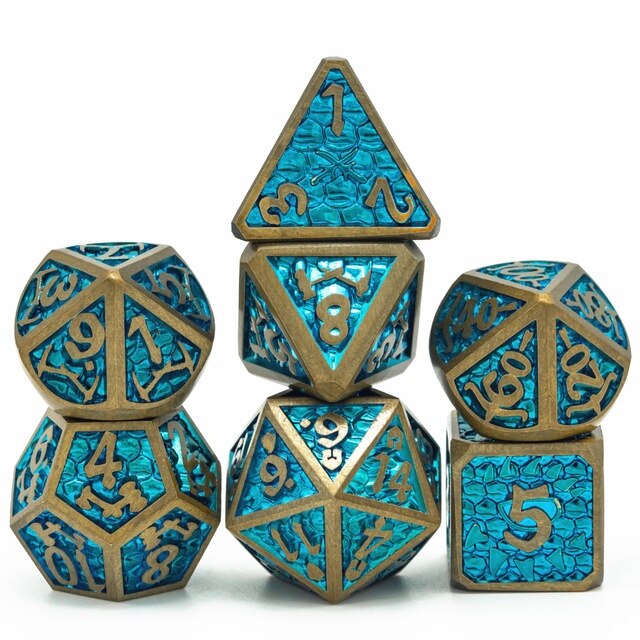Aquamarine metal dice set with deep gold trim