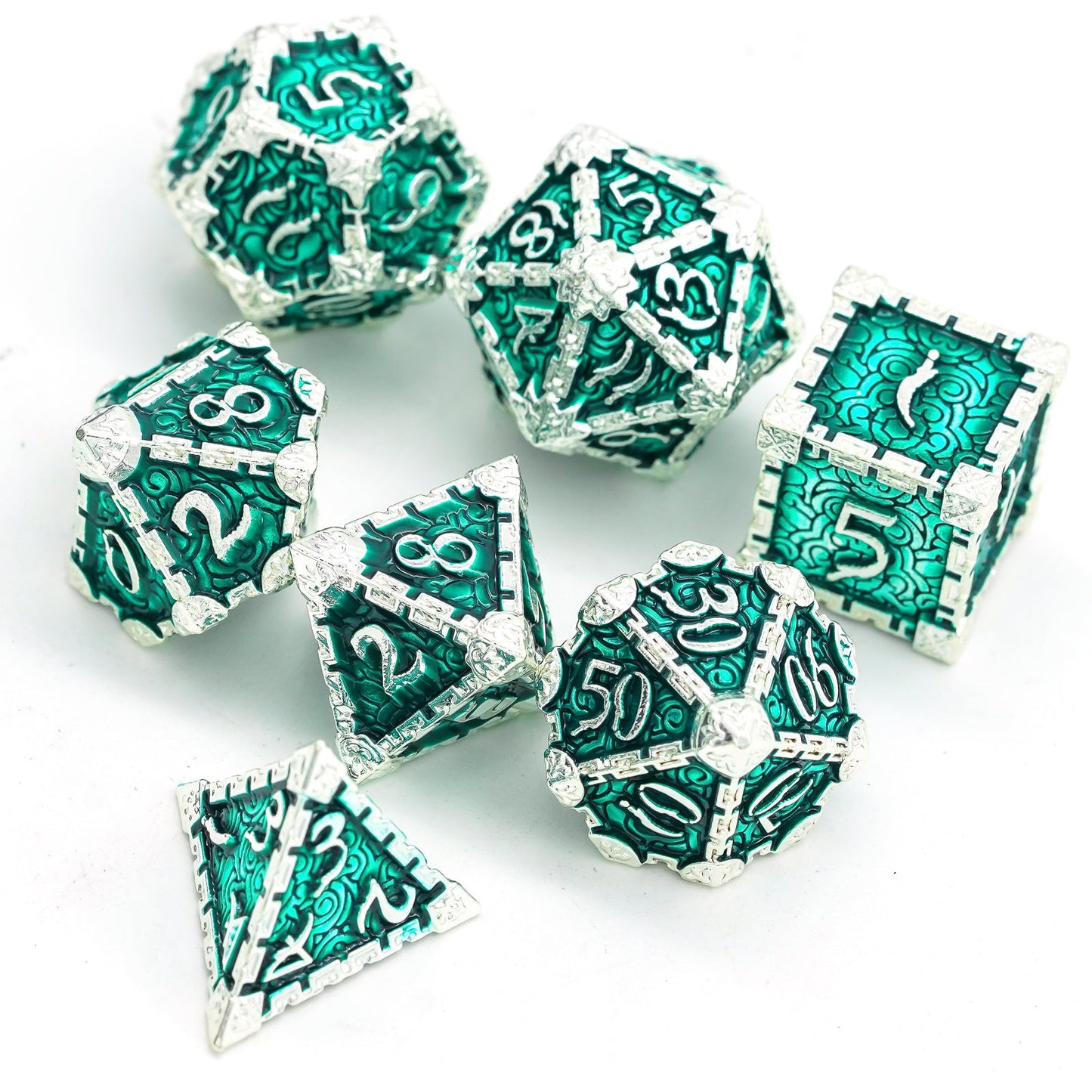 Emerald blade metal dagger dice set on white background