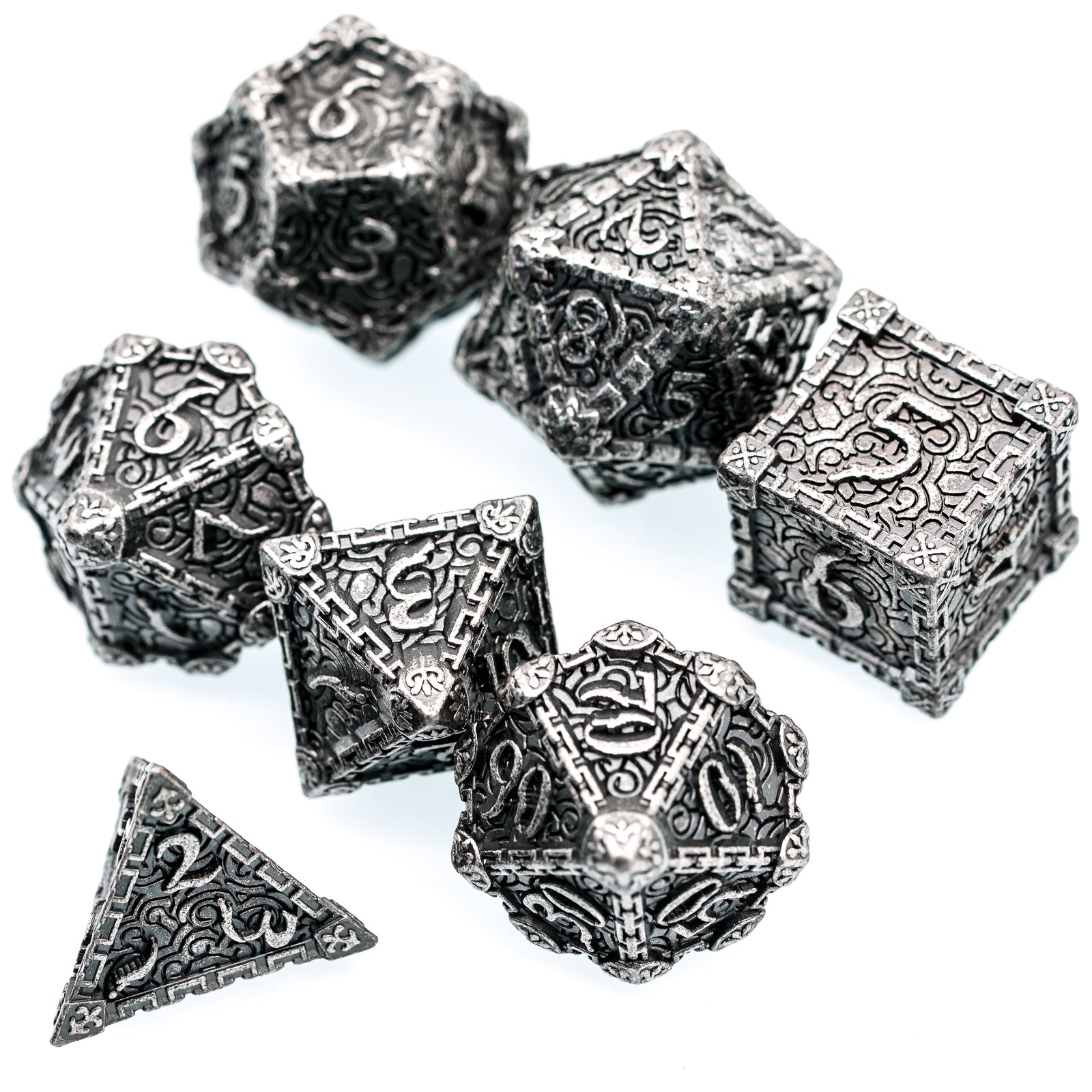 7 piece silver metal dice set 
