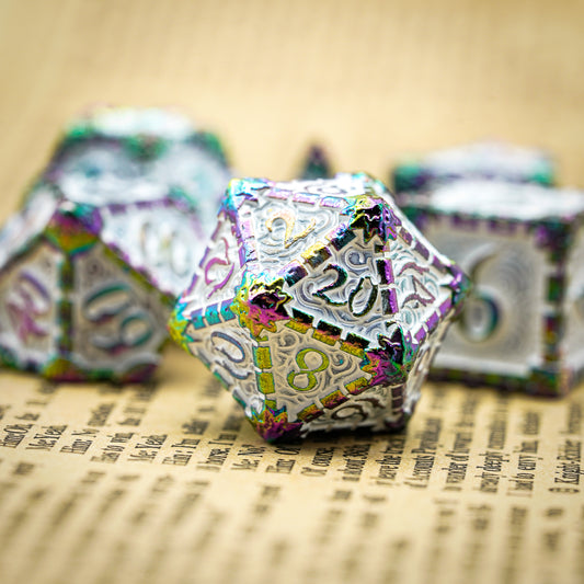 d20 highlight, white background with rainbow edges and numbers die on book