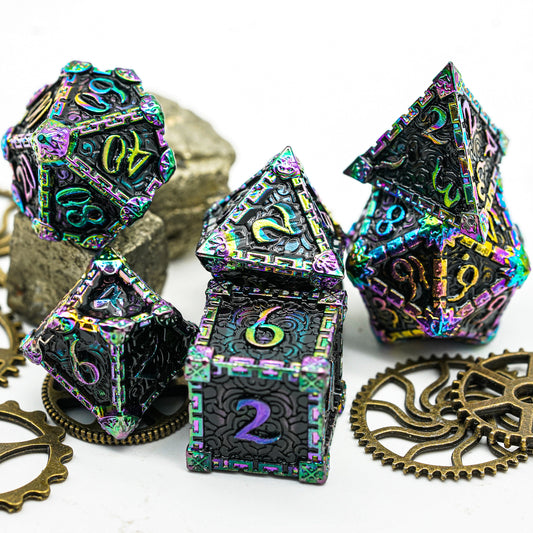 6 patrons dark orb metal dice set, presented with gears and rocks