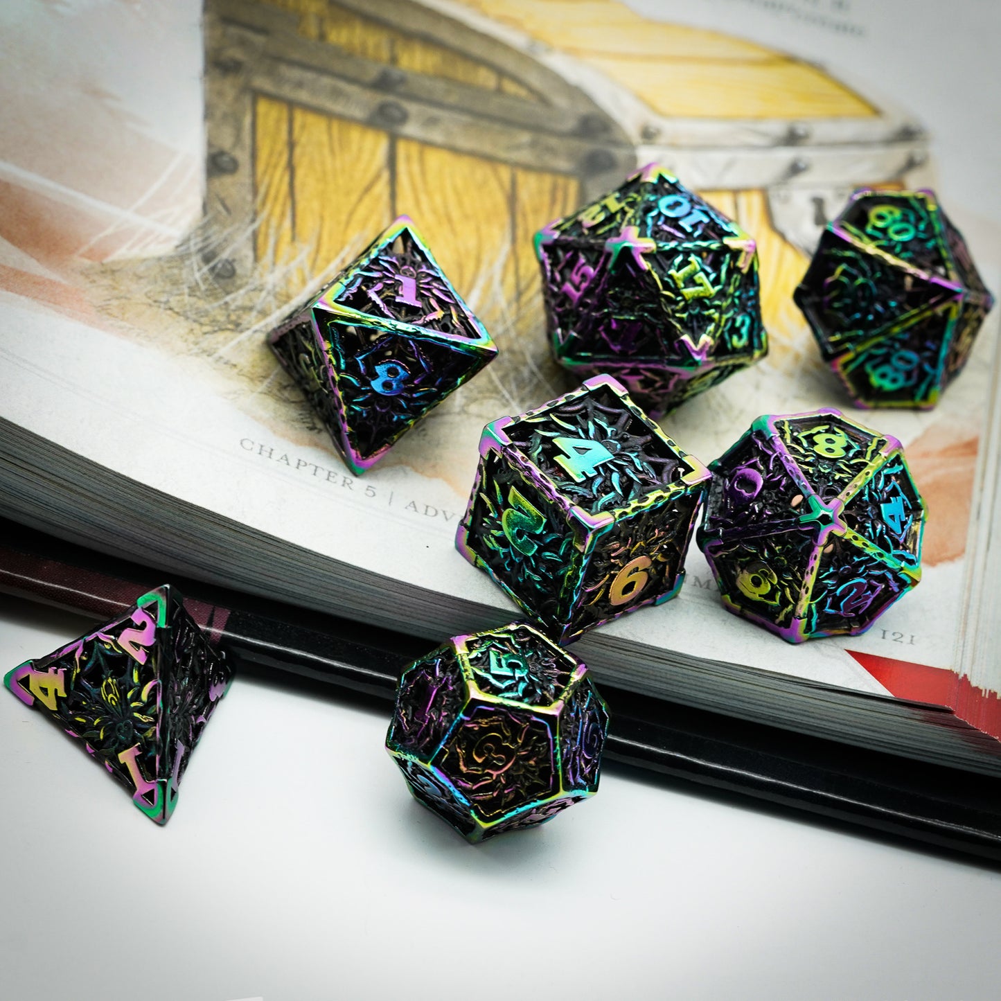 multicolored 7 piece dice set on reference book background
