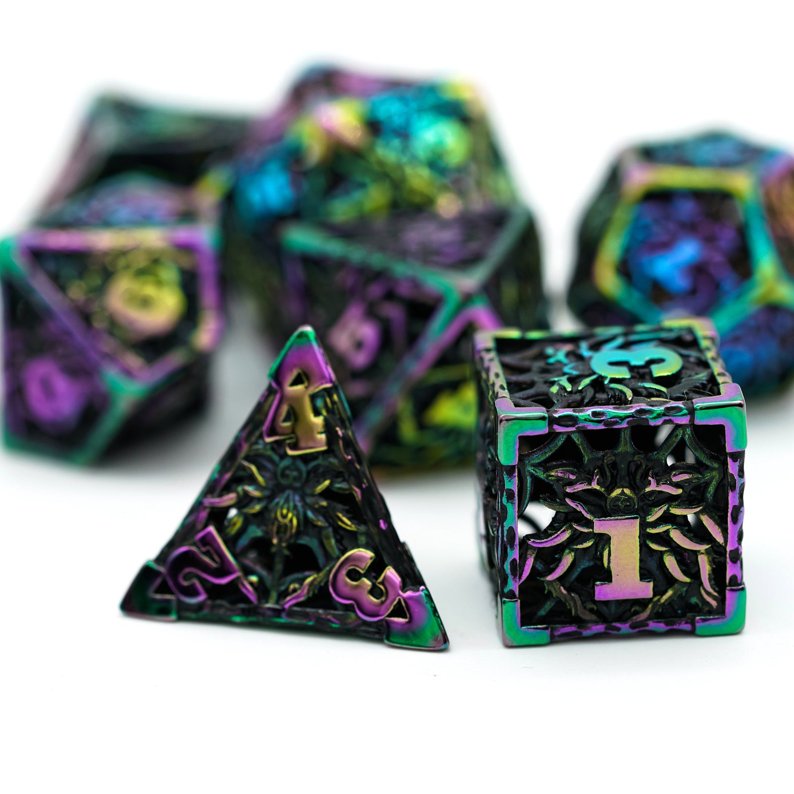 d4 and d6 dark multicolored metal dice highlight