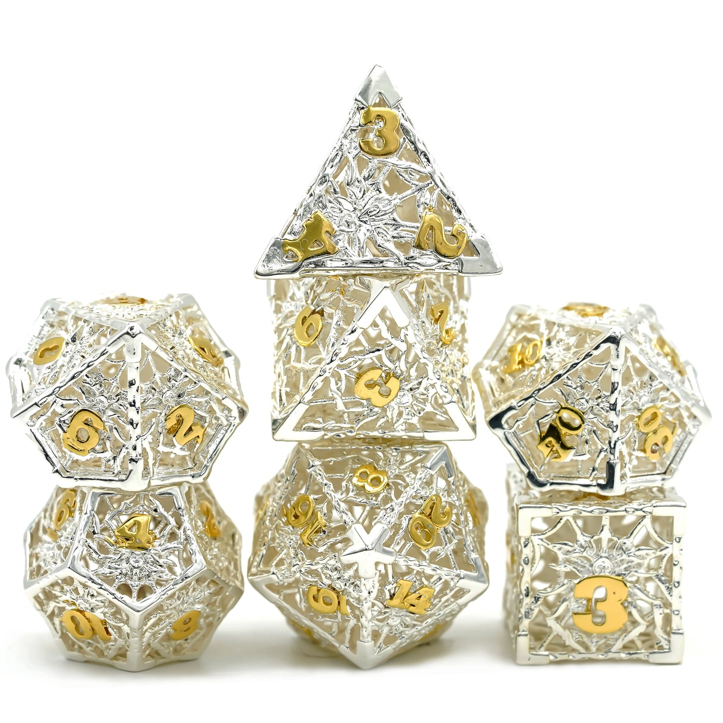 hollow metal dice set, silver metal with gold numbers
