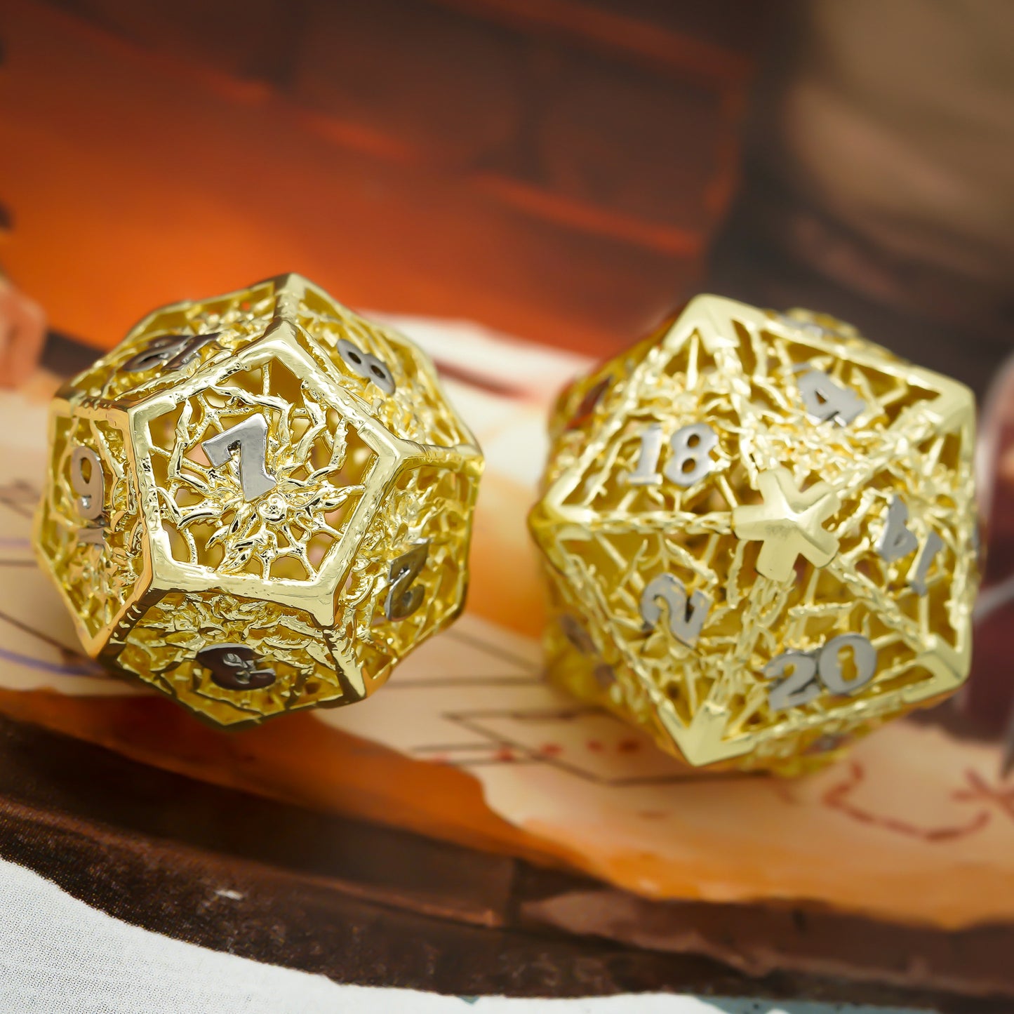 d12 and d20 highlights, hollow metal spun gold dice