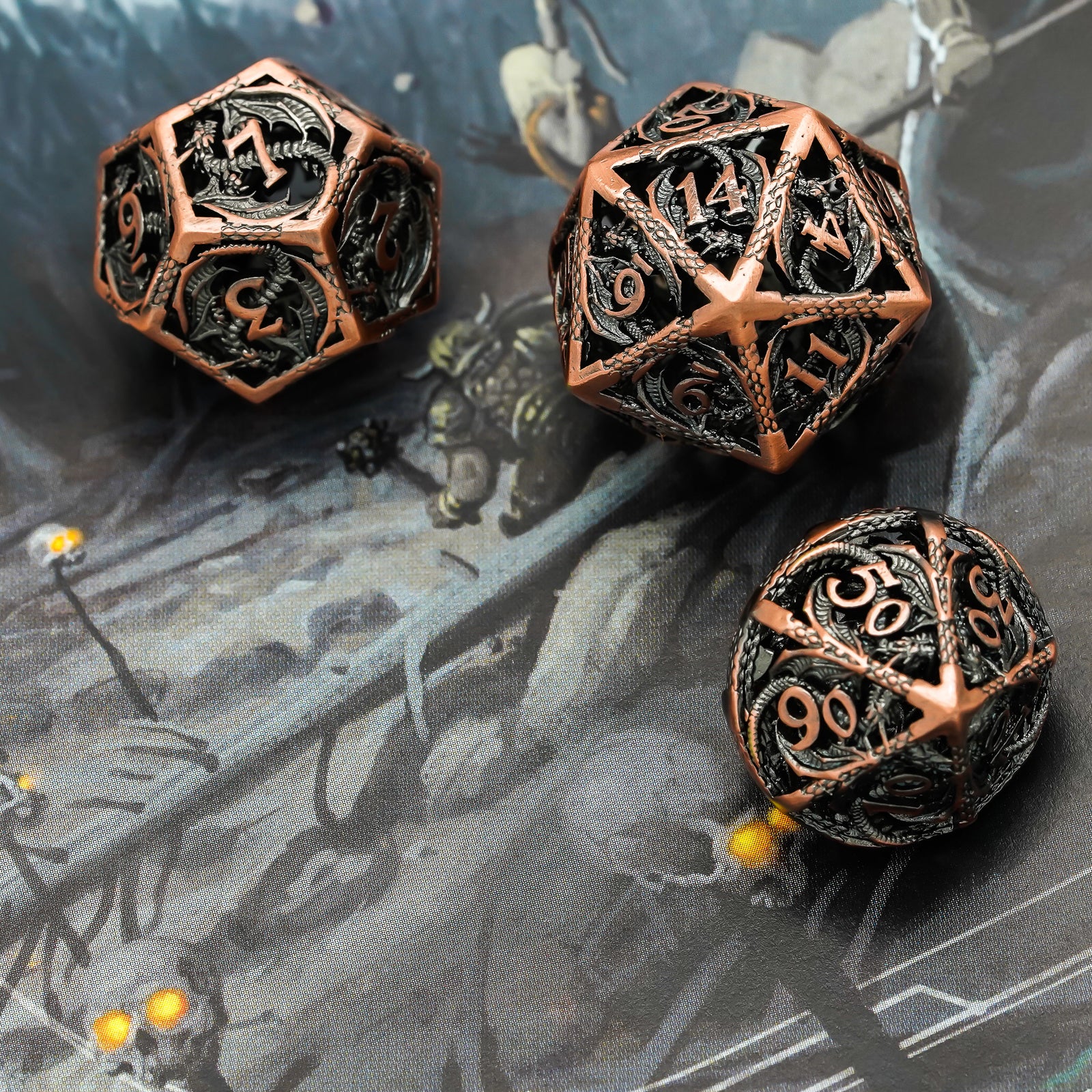 d20, d12 and d10 bronze dragon hollow metal dice highlight