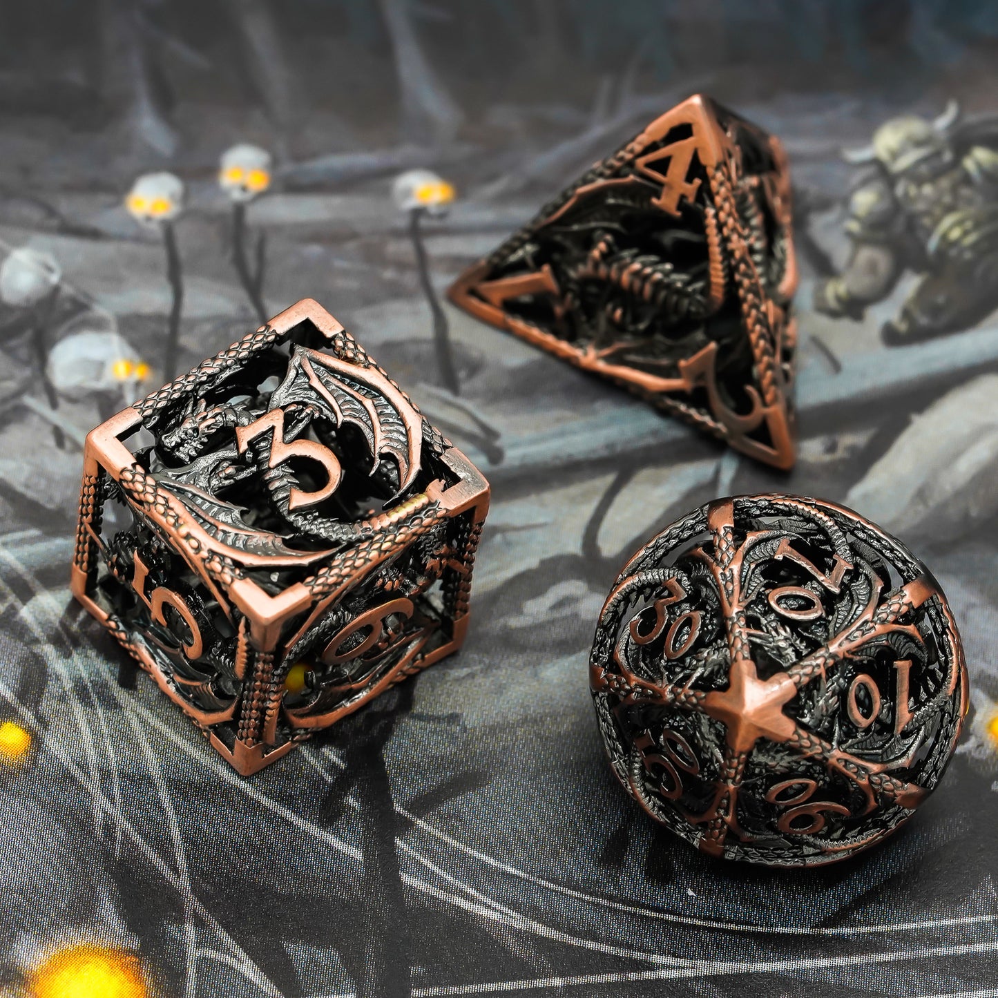 d6, d4 and percentage dice highlight, bronze on fantasy background