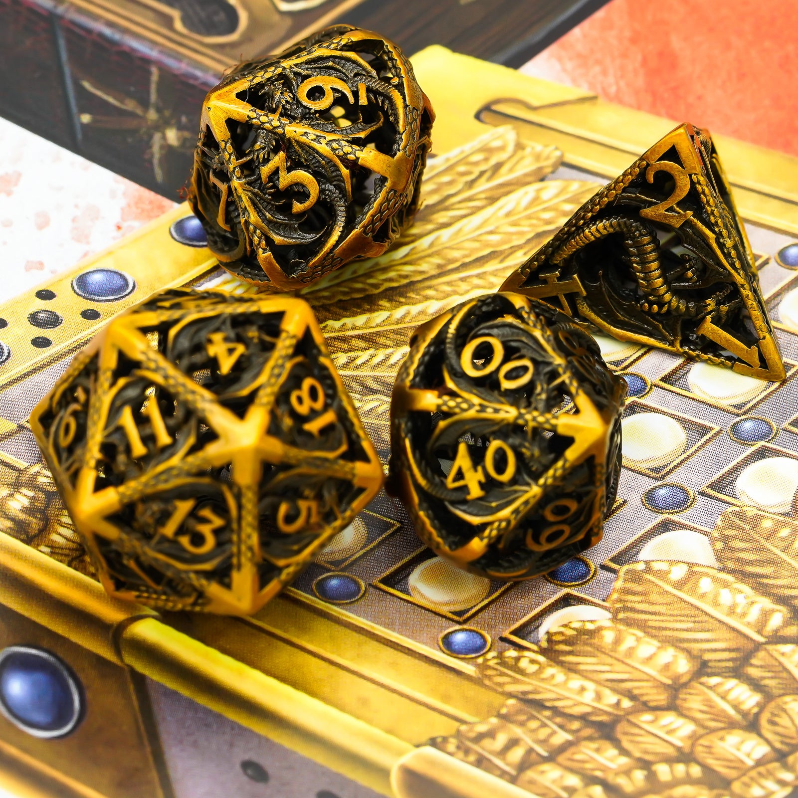 d20, d10, percentage dice and d4 gold DnD dice on dungeon background