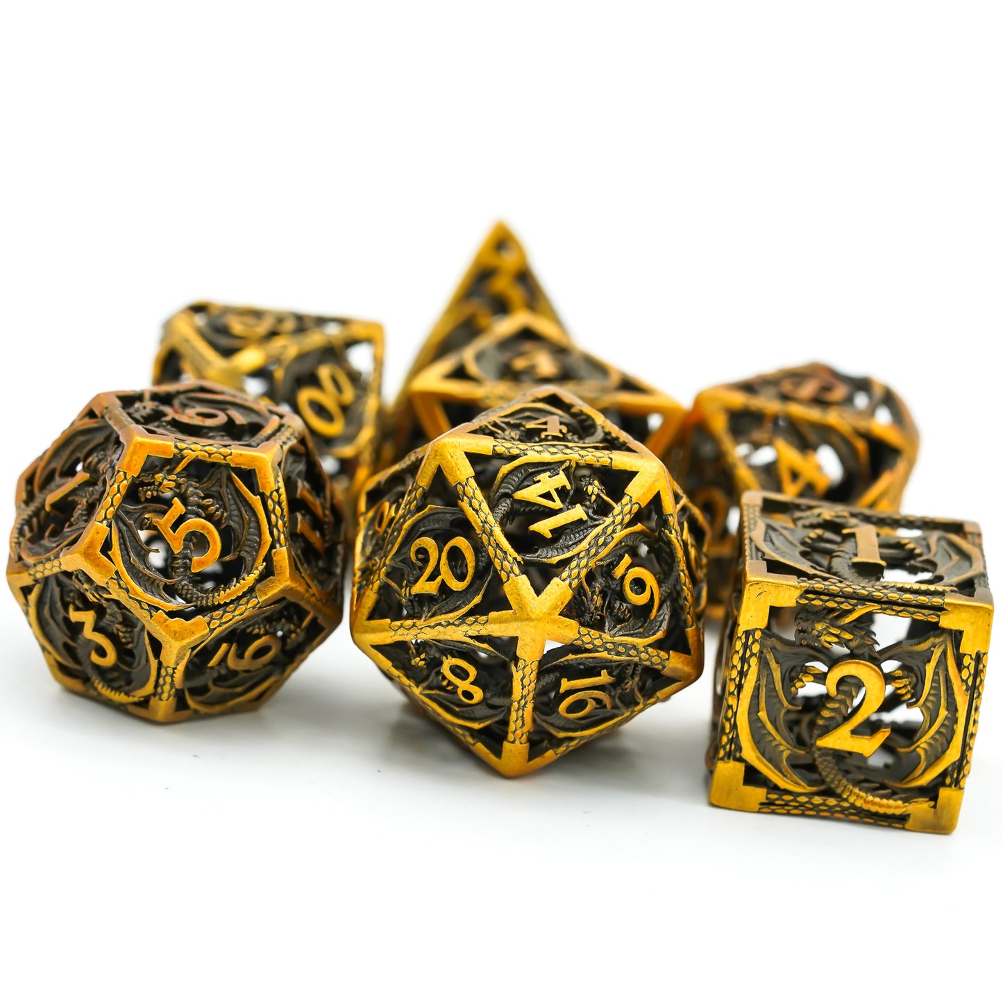 d20, d12 and d6, ancient gold dragon hollow metal dice set highlight