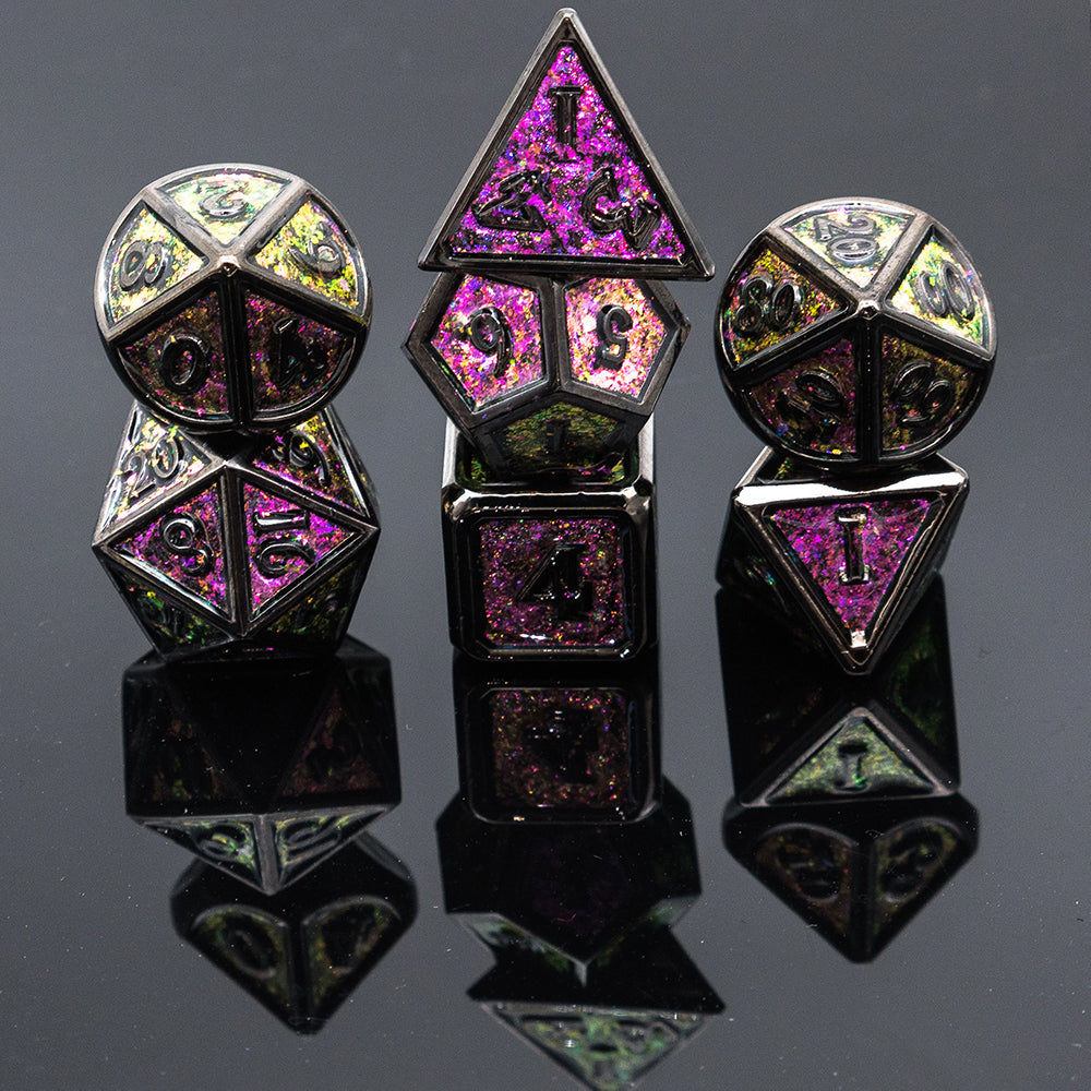 orchard shimmer 7 piece dice set on dark reflective background