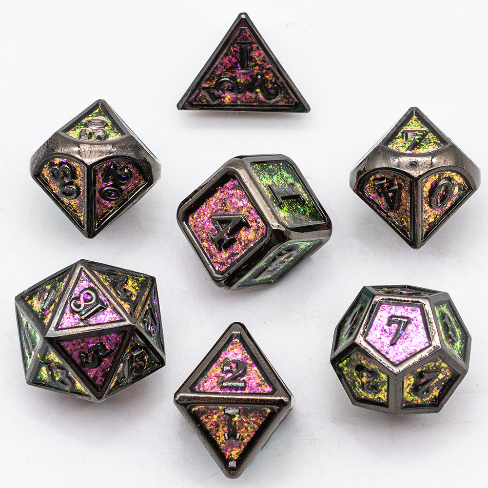 orchard shimmer metal dice set on white background