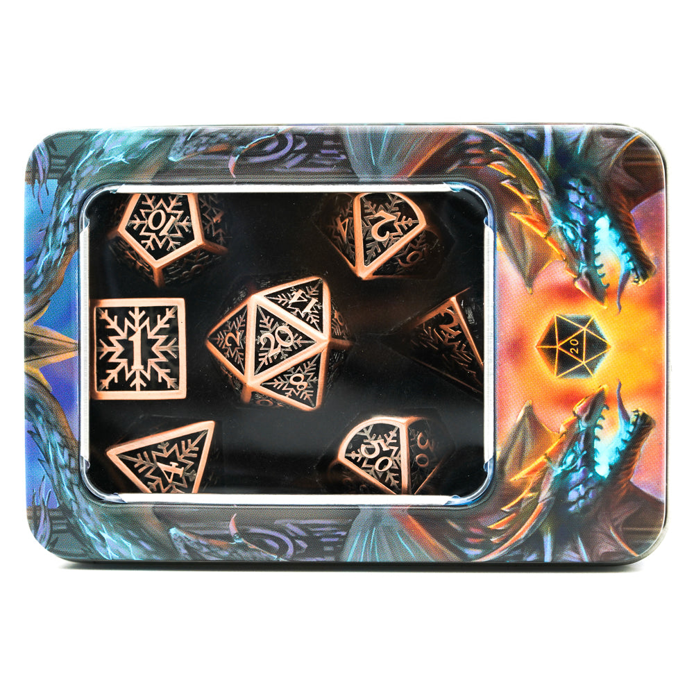 bronze hollow metal dice set in complementary case