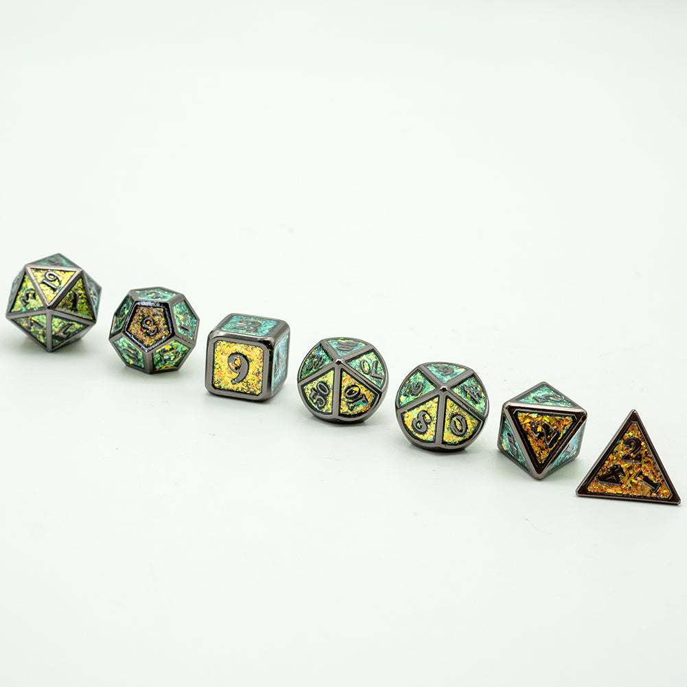 mossy shimmer dice set lined up on white background