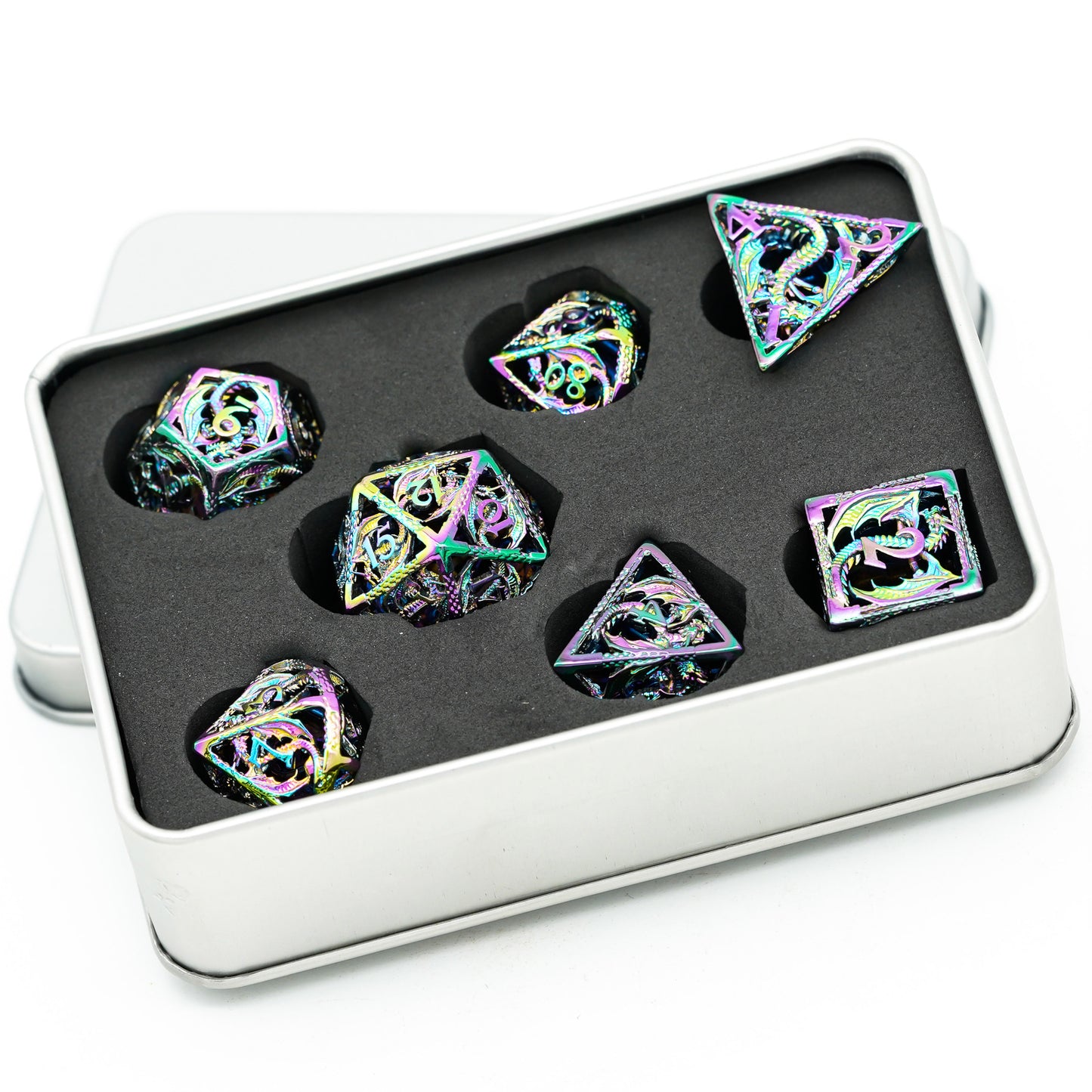 prismatic multicolored hollow metal dice dragon set in carrying case