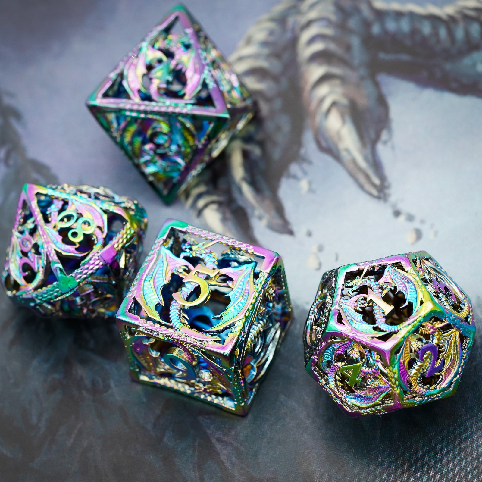 d6, d12, d8 and percentage dice on dragon claw background