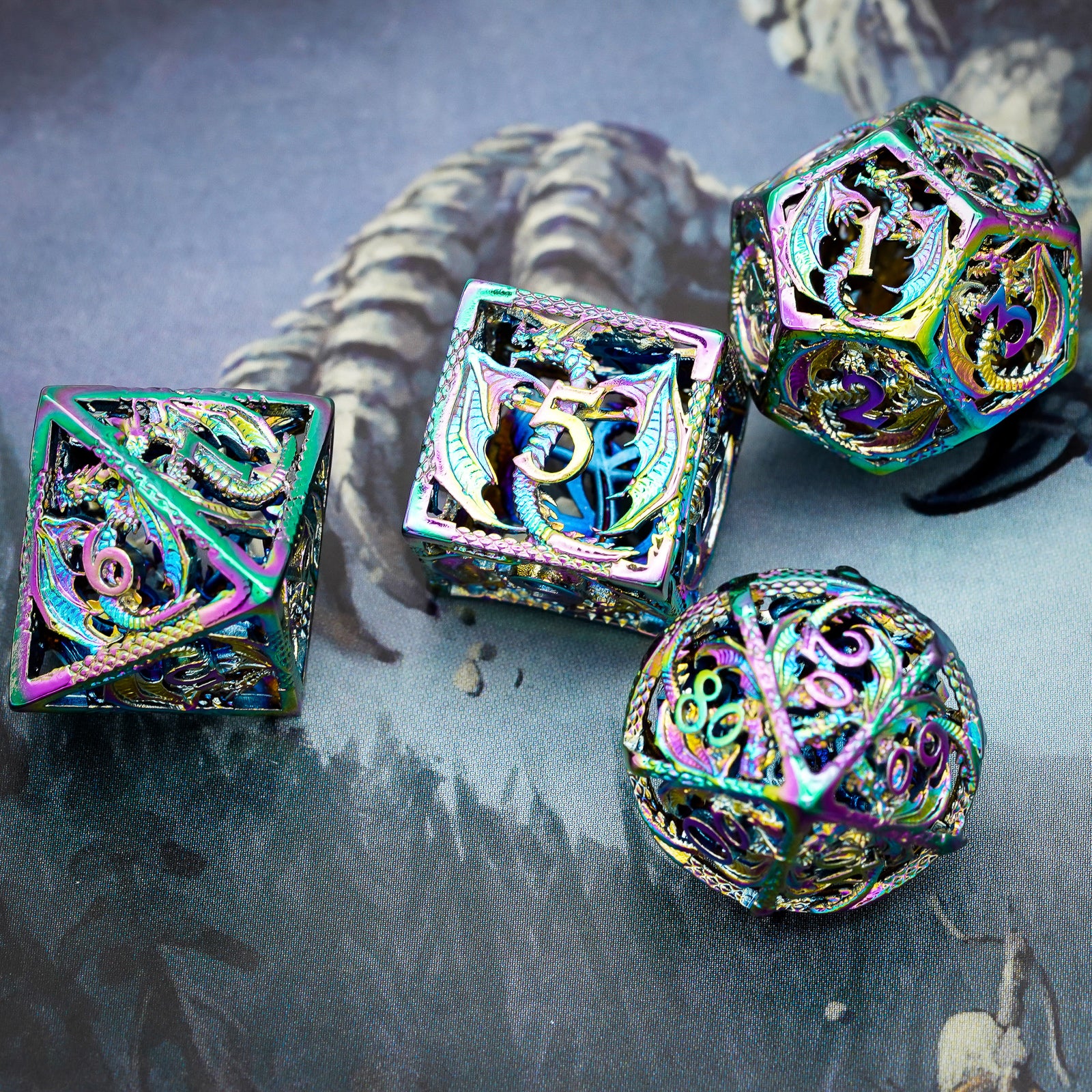 d8, d6, d12 and percentage dice, beautiful mulitcolored metal dice