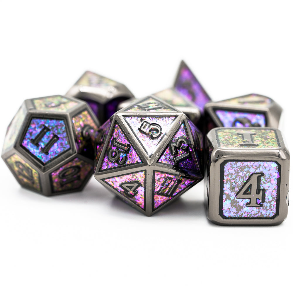 purple d20 at the front of the mauve shimmer dice set