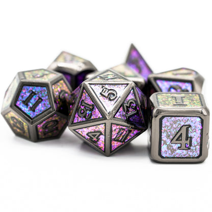 purple d20 at the front of the mauve shimmer dice set