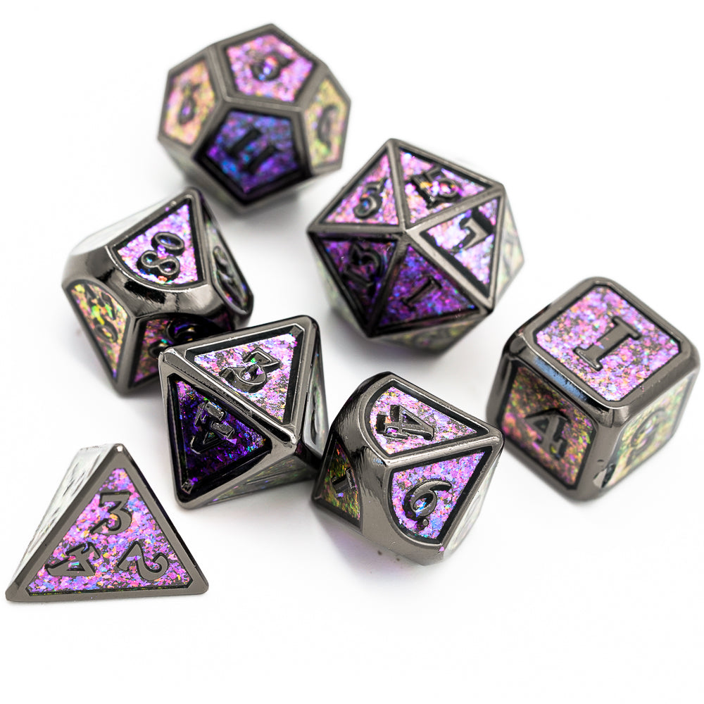 mauve shimmer metal dice set arranged in a pyramid on white background