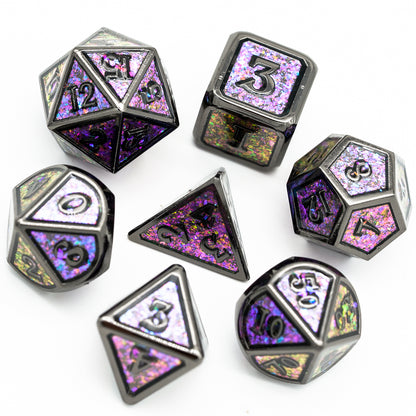 mauve shimmer metal dice set in a circle with d4 in the middle