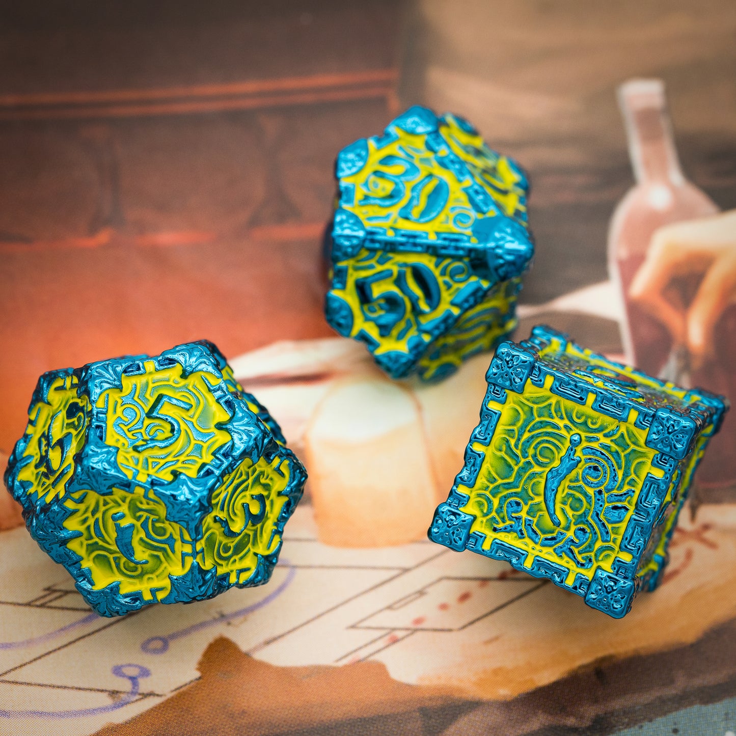 d20, d6 and d10 metal dice set, slime lord
