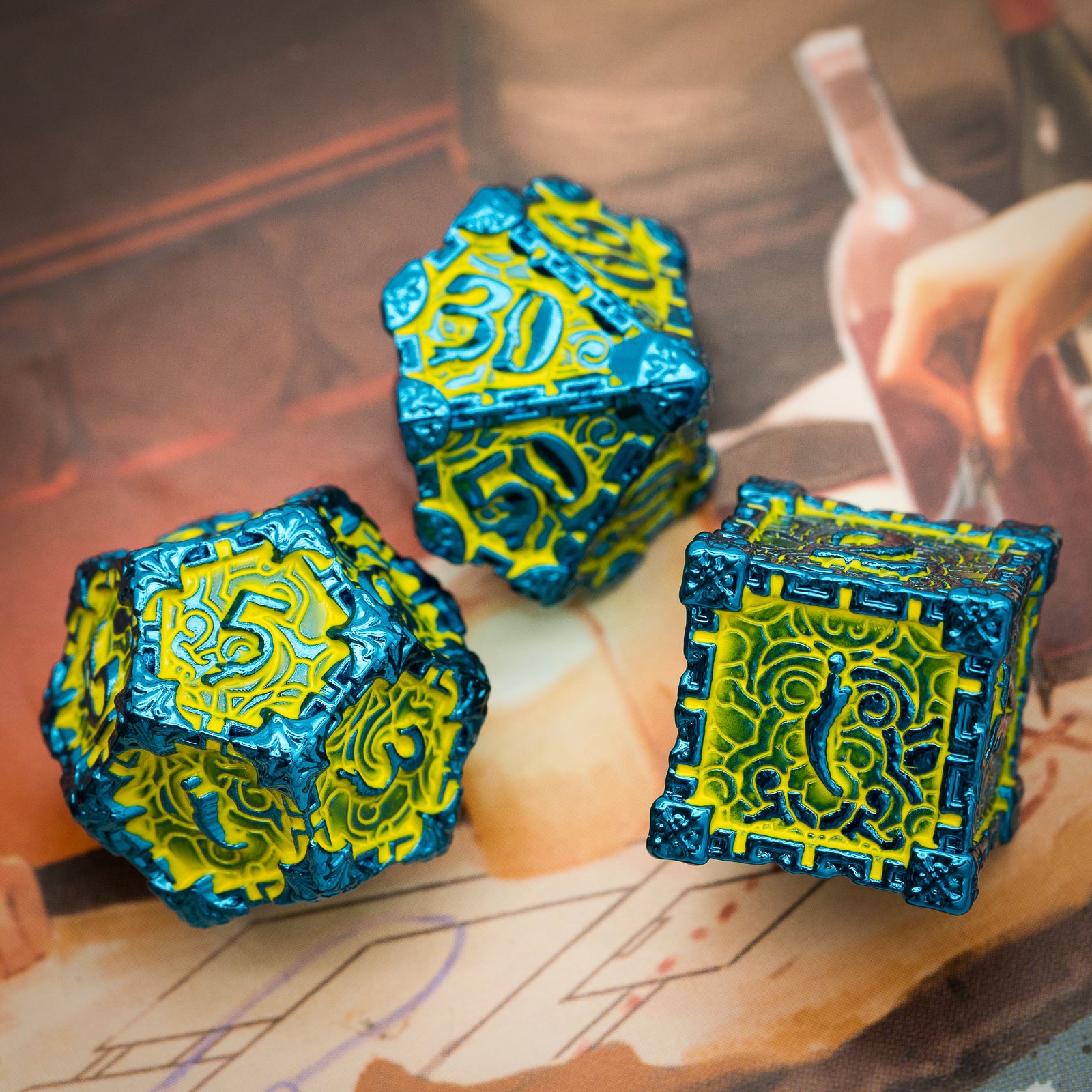 d20, d6 and d10 metal dice set, slime lord