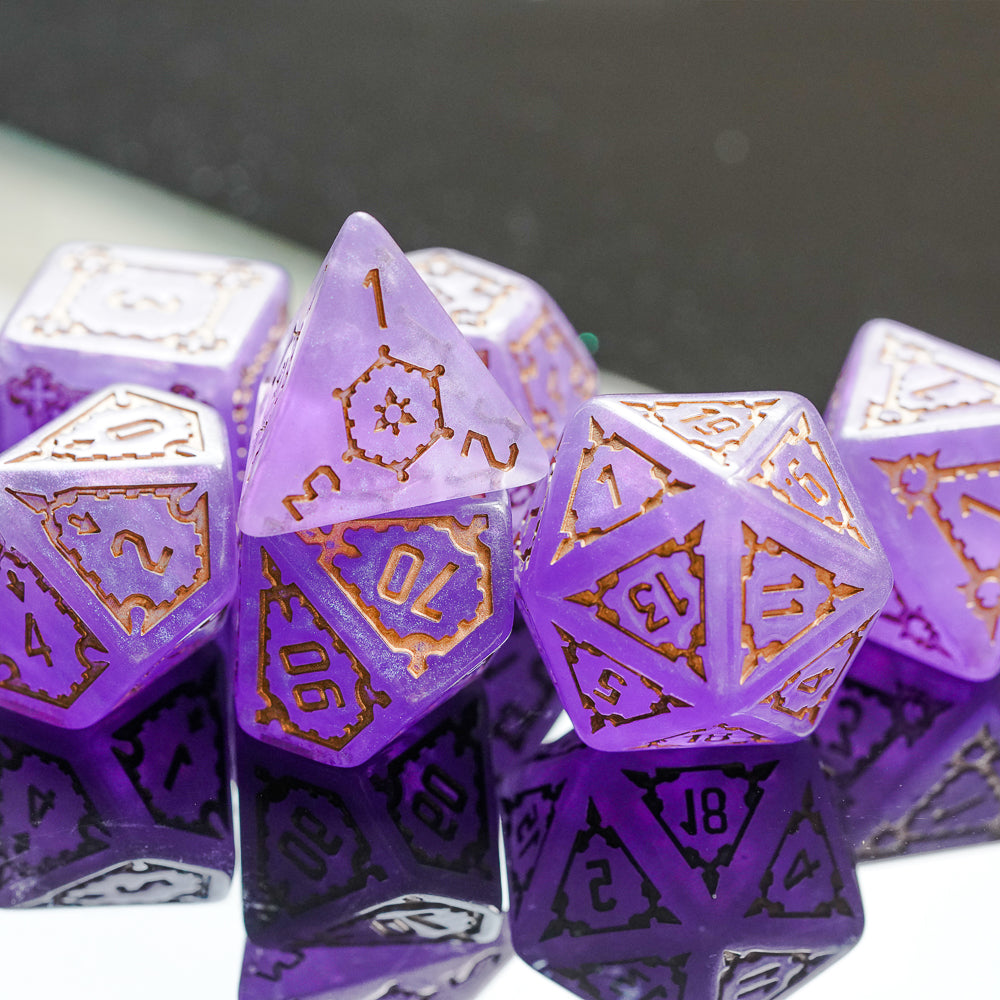 D4 die sitting on top of the rest of the purple dice est