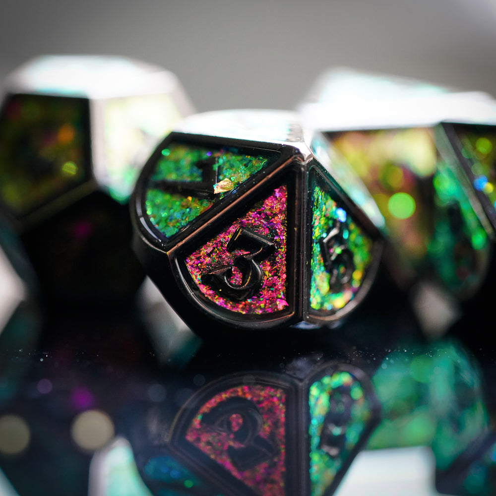 up close of d10 metal dice viridian shimmer set