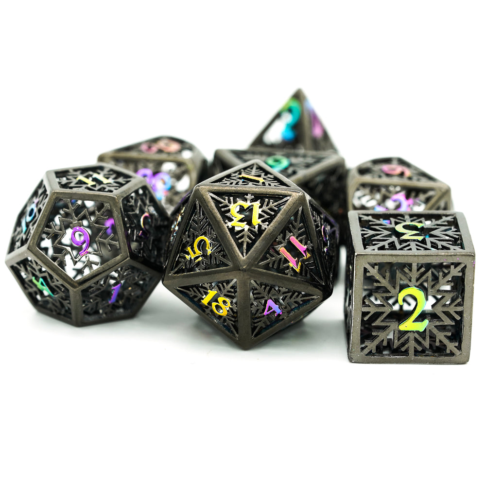 radiant shadow snowflake hollow metal dice, black metal with colored numbers