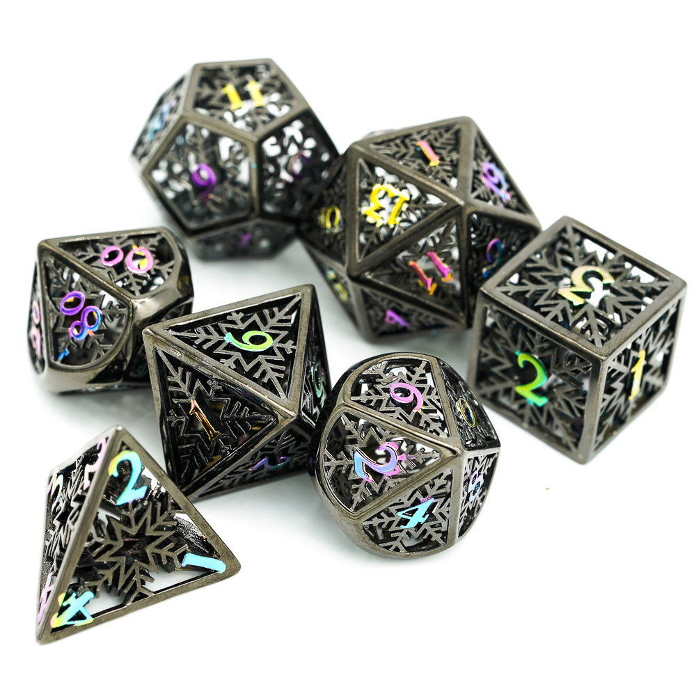 dark metal dice with multicolored numbers on white background
