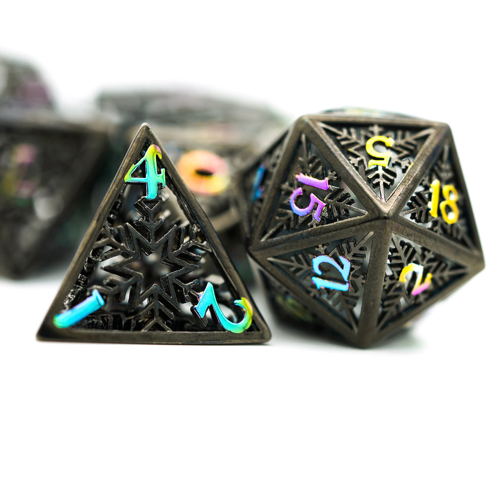 dark metal d4 and d20 with bright numbers